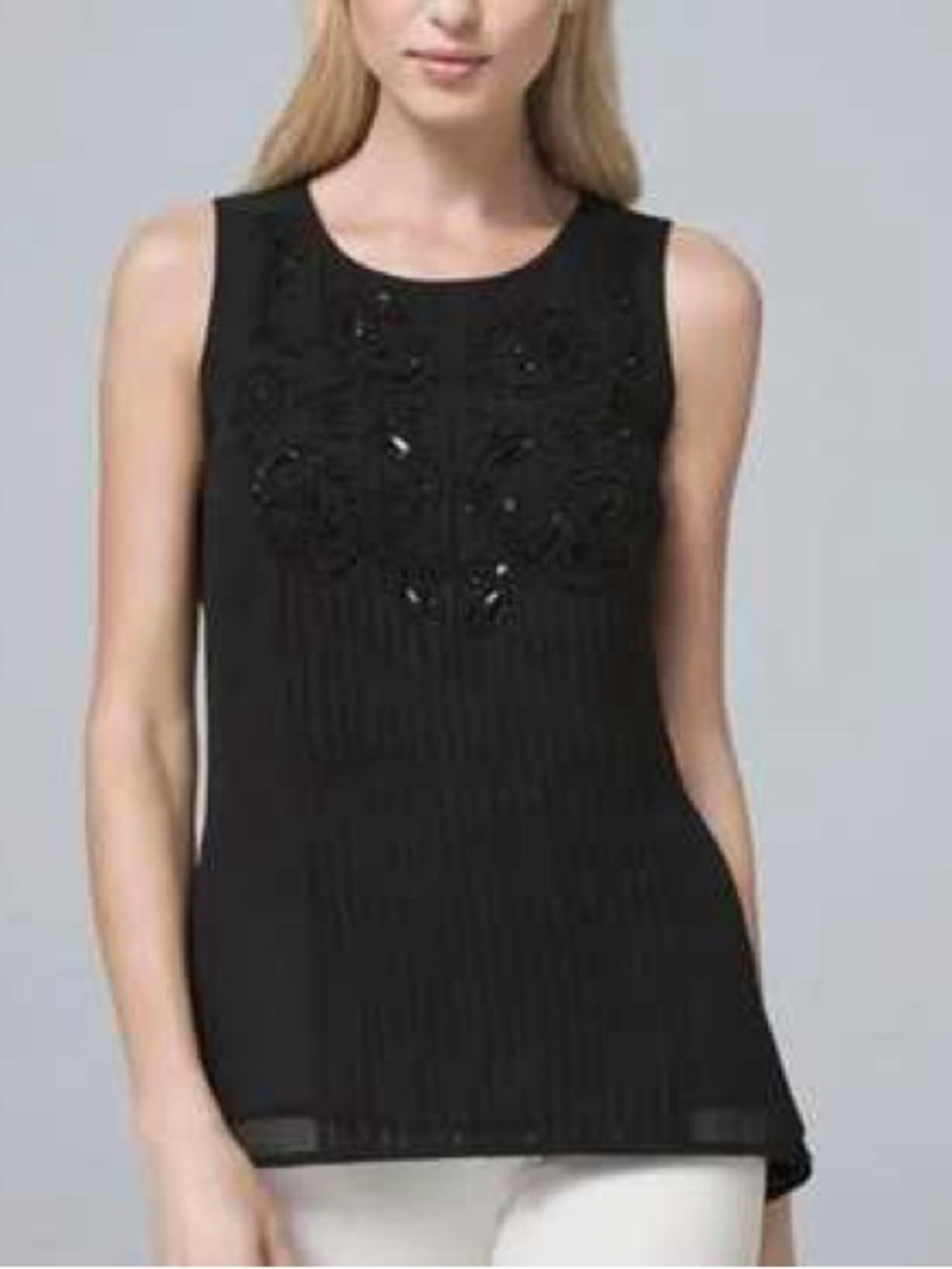 White House Black Market Sz 6 Embroidered Beaded Tank Top Black